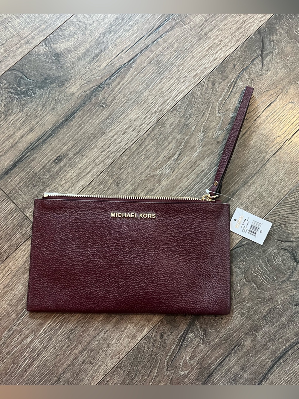 Michael Kors Merlot Pebbled Leather Wristlet Clutch with Gold Hardware